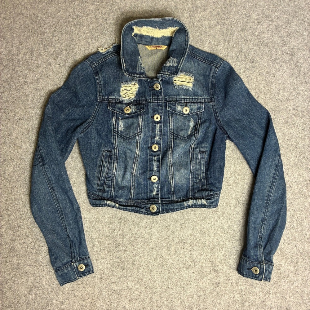 Highway Jeans Denim Jacket Womens M Blue Excellent Distressed Cropped RD76819